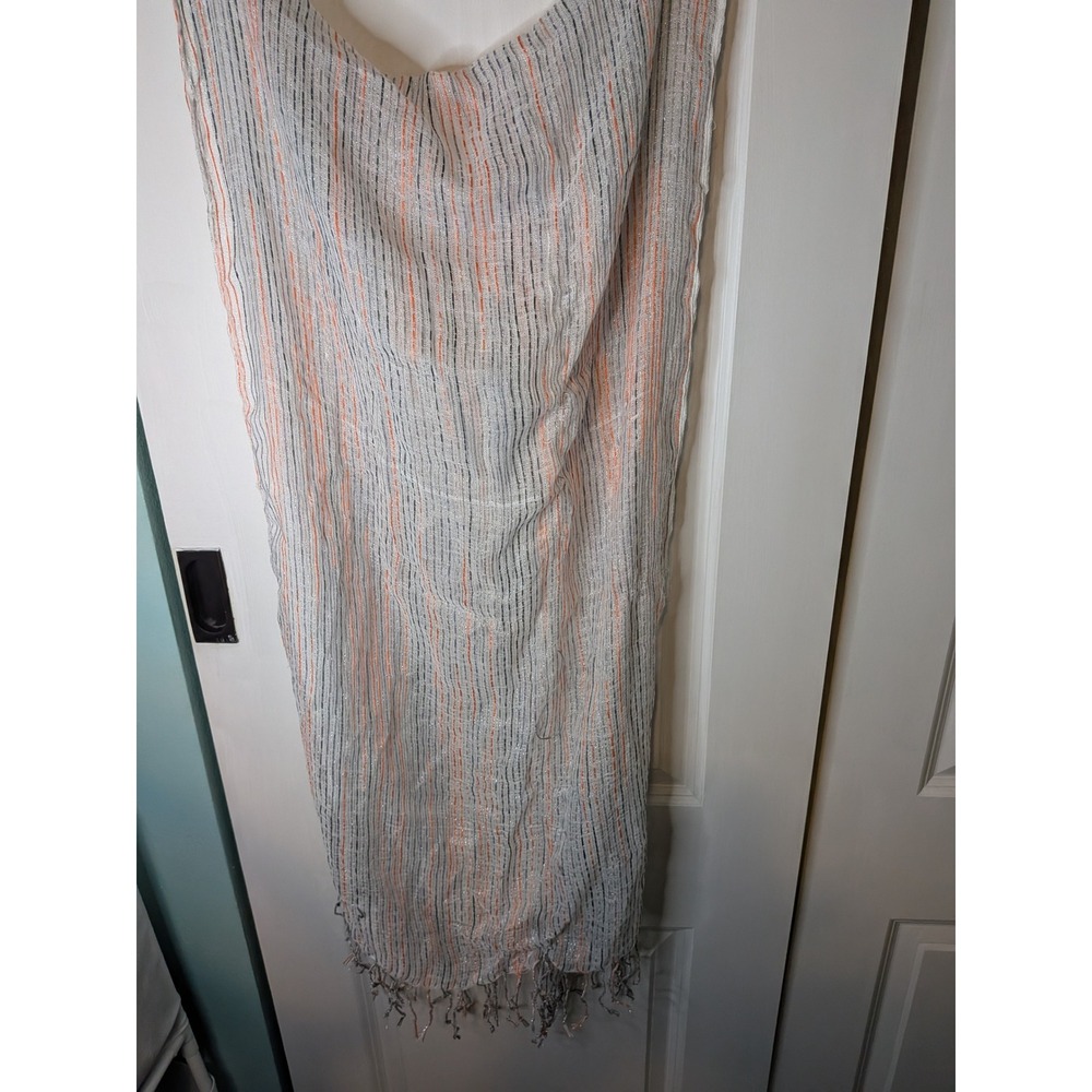 Orange Grey Striped Metallic Shimmer Fringe Scarf Lightweight Wrap OS